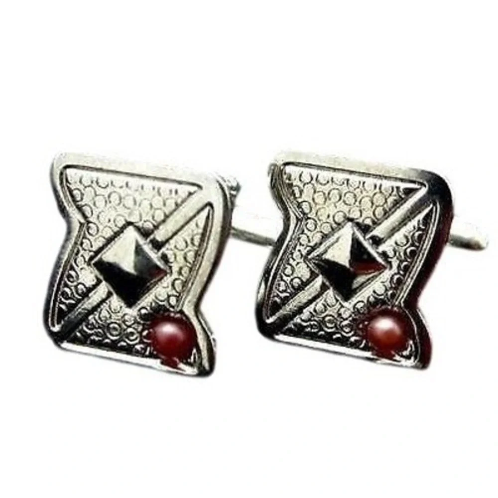 Vintage Textured Design‎ Silver Toned Red Cabochon Cufflinks Men's Jewelry